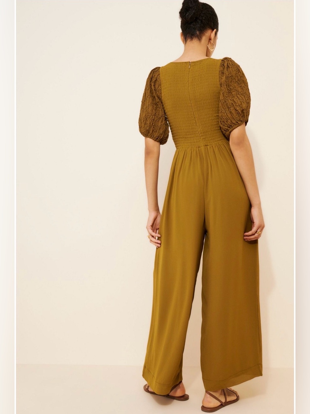 Free People Temperley Puff Sleeve Smocked Jumpsuit Greyed Olive NWT Size M - Picture 2 of 8